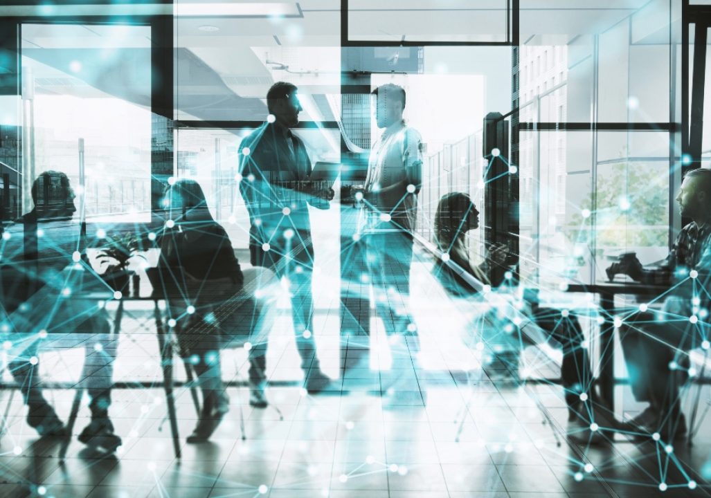 Abstract concept of network infrastructure. Double exposure effects