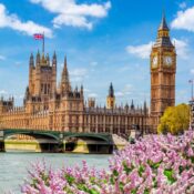Big Ben tower and Houses of Parliament in spring, London, UK