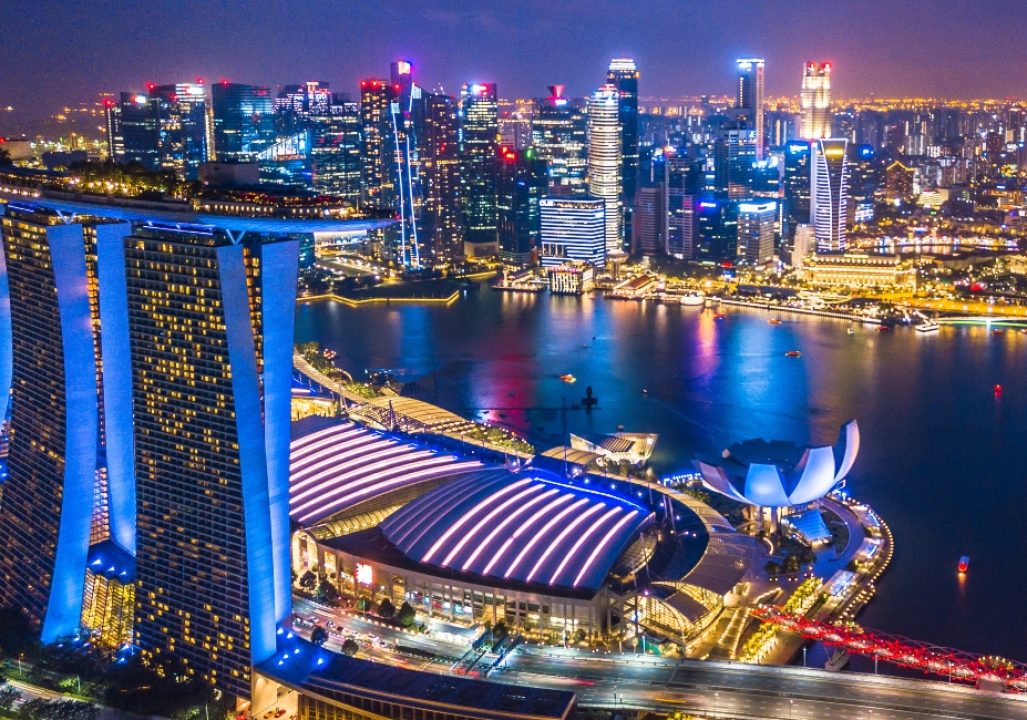 Aerial top view Singapore city skyline.