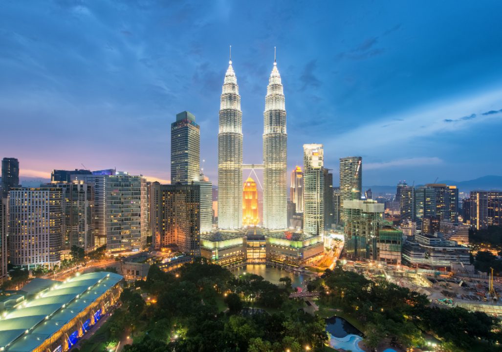 Kuala Lumpur skyline and skyscraper at night in Kuala Lumpur,
					Malaysia.