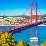 The 25th April Bridge (Ponte 25 de Abril) in Lisbon, Portugal. View from Almada