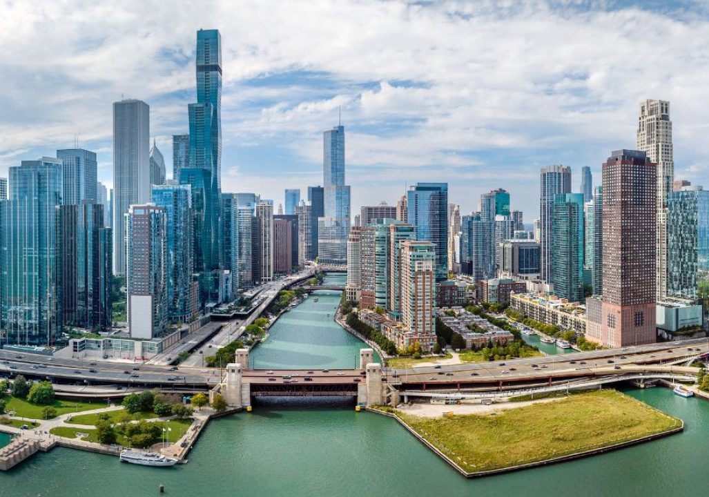 Aerial panoramic view of Chicago, Illinois, USA. September 24, 2023.