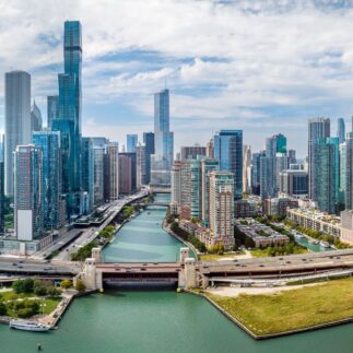 Aerial panoramic view of Chicago, Illinois, USA. September 24, 2023.