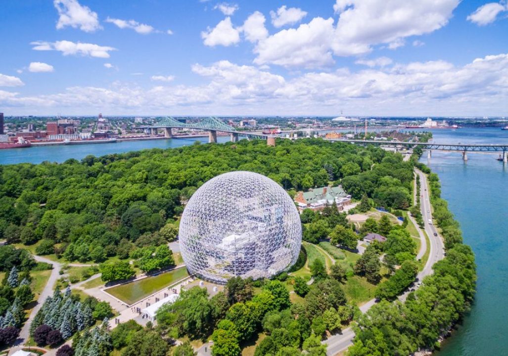 Aerial view of Montreal cityscape including Biosphere and St Lawrence river in Montreal, Quebec, Canada.