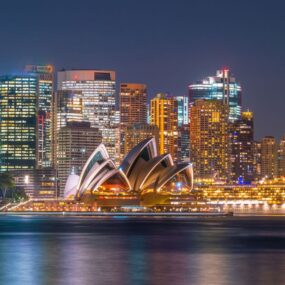 Sydney Harbor with the opera house in the background.