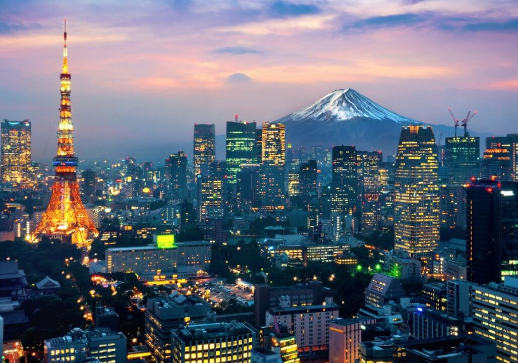 Tokyo city skyline with Mount Fuji in the background.