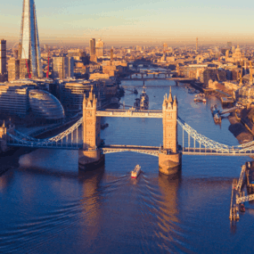 United Kingdown, aerial view of the River Thames with the iconic Tower Bridge prominently in the foreground.