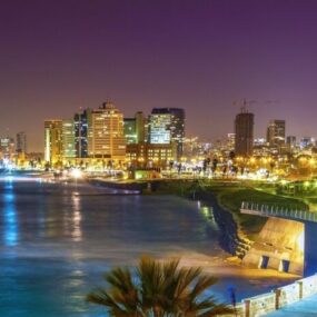 Illuminated modern skyline of Tel Aviv, Israel along its Mediterranean coastline at night, with palm trees in the foreground.