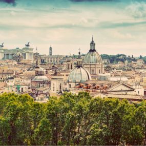Panoramic view of the ancient city of Rome, Italy, as seen from Castel Sant'Angelo