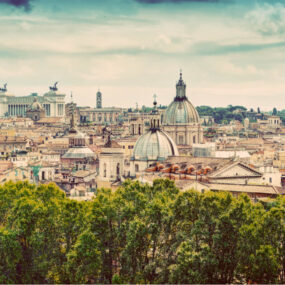 Panoramic view of the ancient city of Rome, Italy, as seen from Castel Sant'Angelo