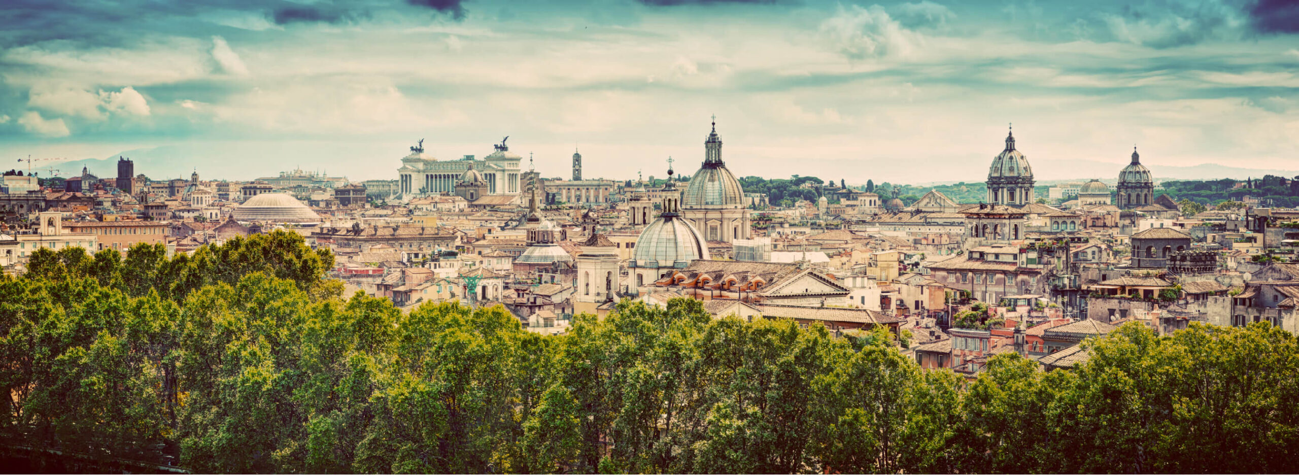 Panoramic view of the ancient city of Rome, Italy, as seen from Castel Sant'Angelo