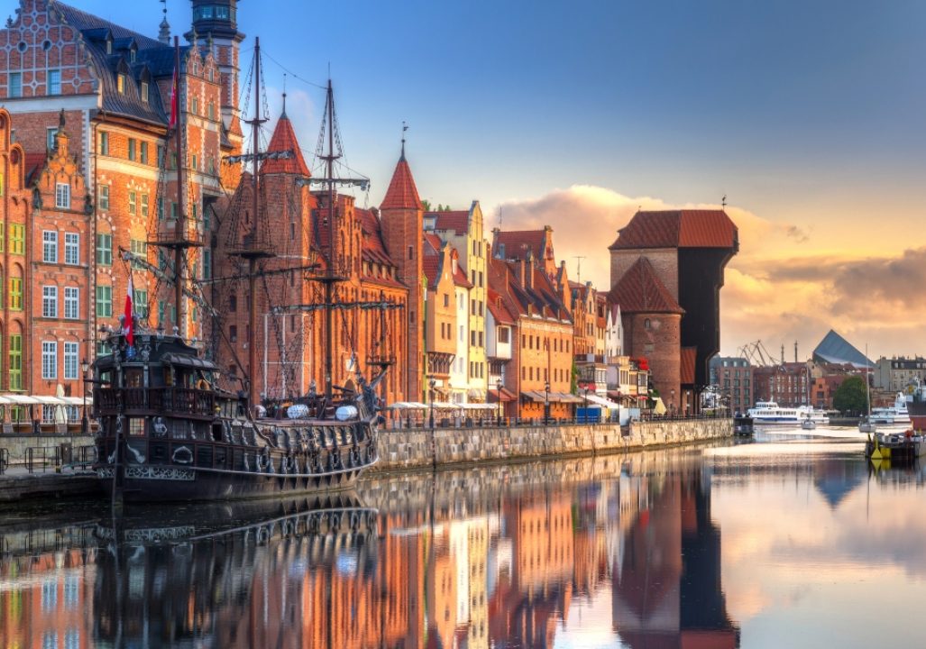 Gdansk with beautiful old town over Motlawa river at sunrise, Poland.