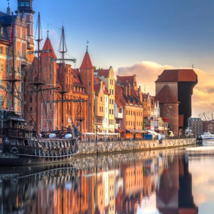 Gdansk with beautiful old town over Motlawa river at sunrise, Poland.