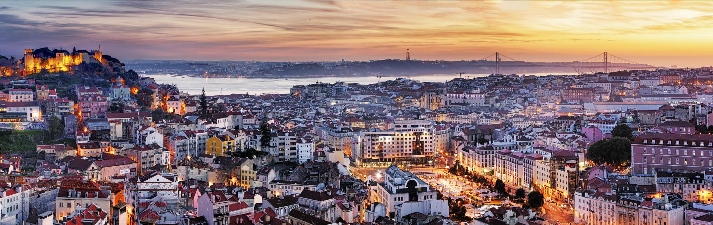 A panoramic view of a Portugal with many buildings, a castle on a hill to the left, and a large body of water with a bridge in the distance, all under a sunset sky.