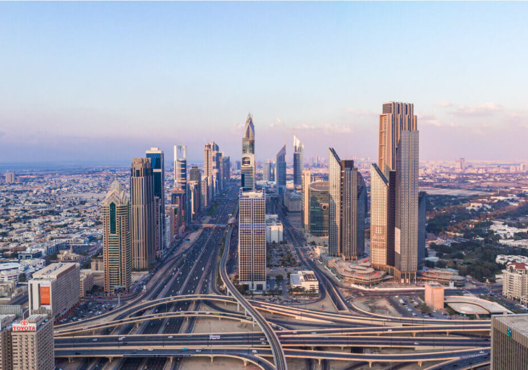 Saudi Arabia, a modern cityscape with numerous skyscrapers and a complex network of highways and interchanges.