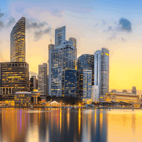 Singapore business district skyline during sunset.