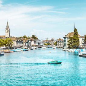 panoramic view of the historic Zurich city center with the Limmat River and Lake Zurich in the summer