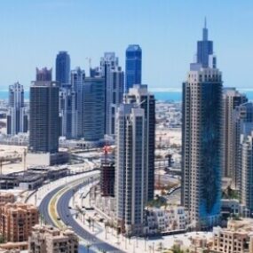 View of the Dubai skyline, with the Burj Khalifa prominently featured as the world's tallest building