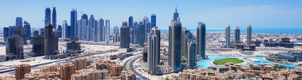 View of the Dubai skyline, with the Burj Khalifa prominently featured as the world's tallest building