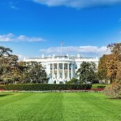 The White House lawn with the White House in the background.