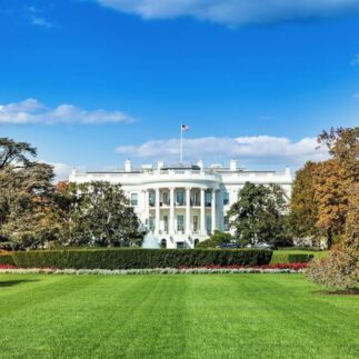 The White House lawn with the White House in the background.