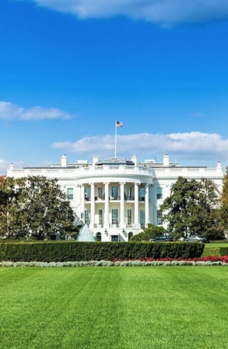 The White House lawn with the White House in the background.