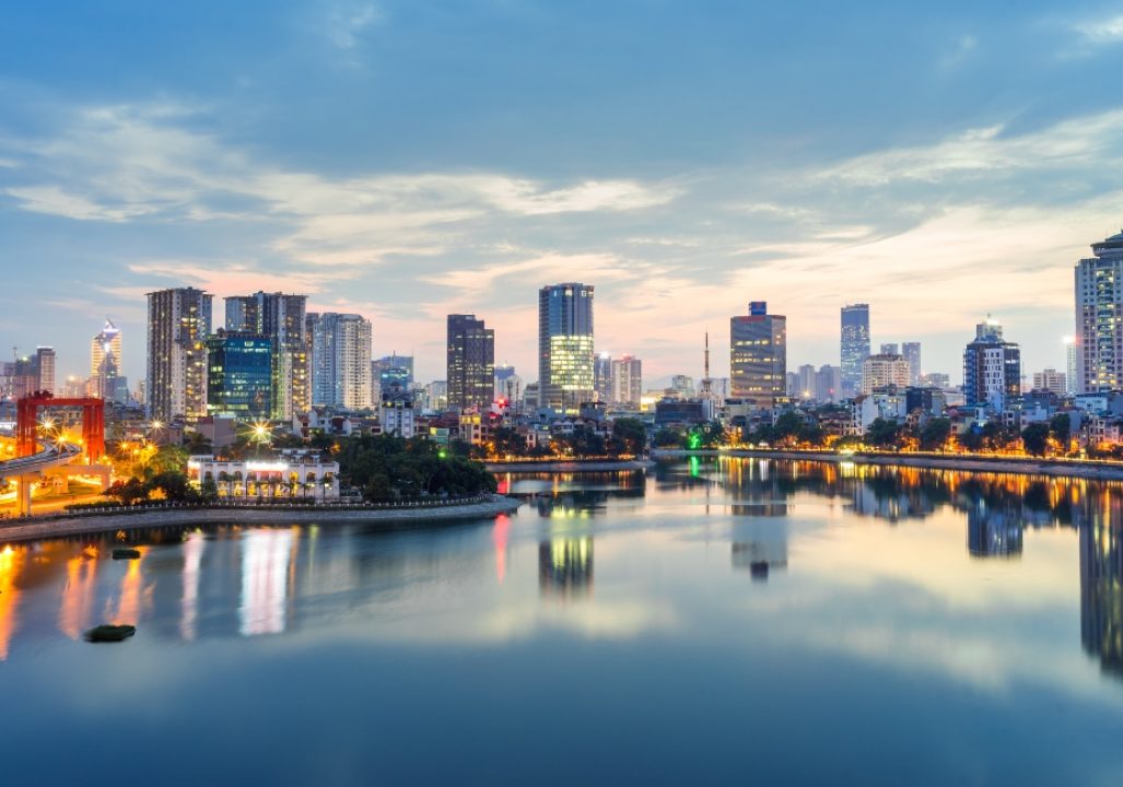 Aerial skyline view of Hanoi. Hanoi cityscape at twilight.