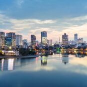 Aerial skyline view of Hanoi. Hanoi cityscape at twilight.