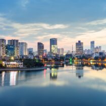 Aerial skyline view of Hanoi. Hanoi cityscape at twilight.