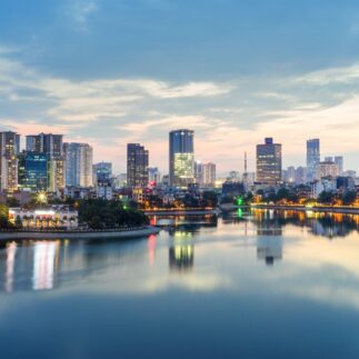 Aerial skyline view of Hanoi. Hanoi cityscape at twilight.