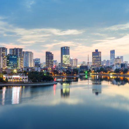Aerial skyline view of Hanoi. Hanoi cityscape at twilight.