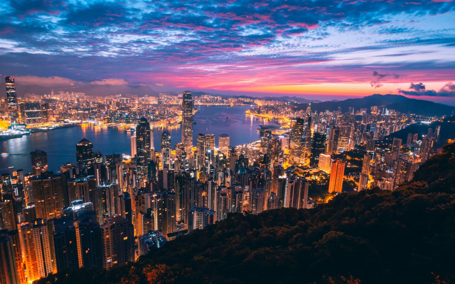 Panoramic view of Victoria Harbour and skyline of Hong Kong at dusk with the city lights illuminated and a colorful sky.