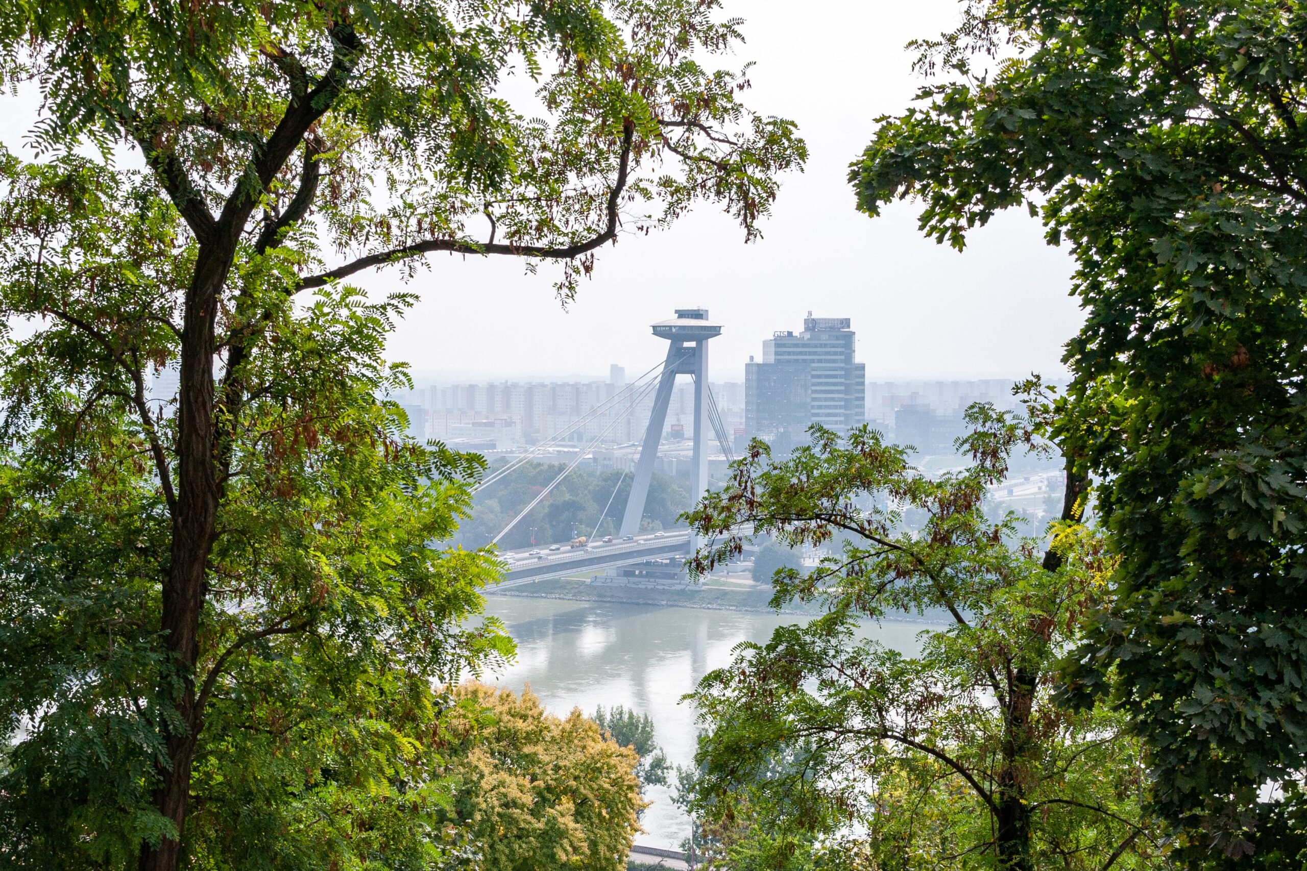 Slovakia, features the UFO Bridge spanning the Danube River, seen through a frame of green trees.
