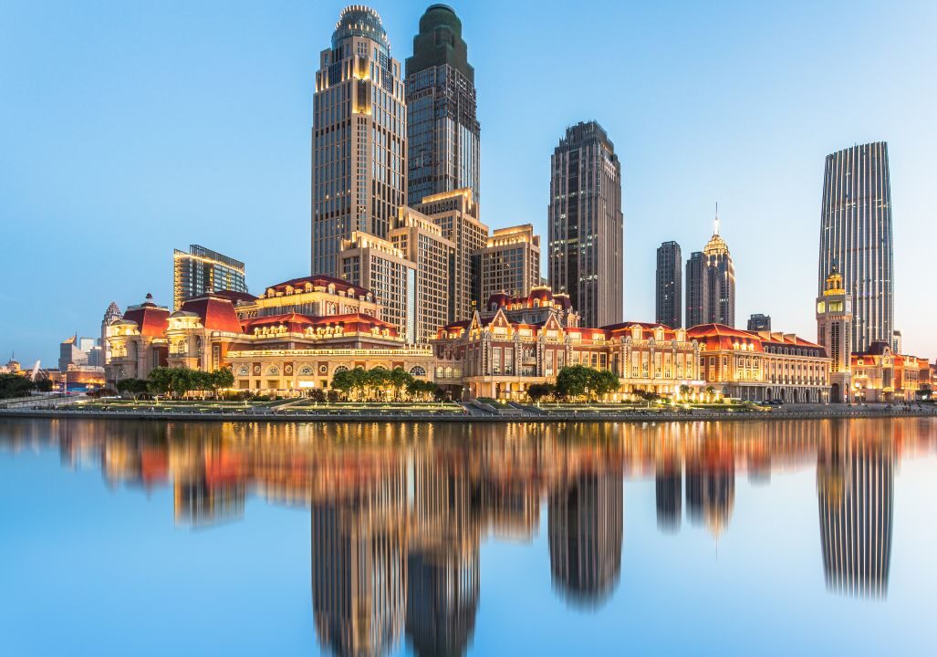 Downtown skyline with Haihe River, Tianjin, China.