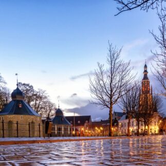 The main church of Breda and the Spanjaardsgat on an early morning