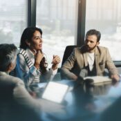 Meeting, woman in collaboration with colleagues, boardroom